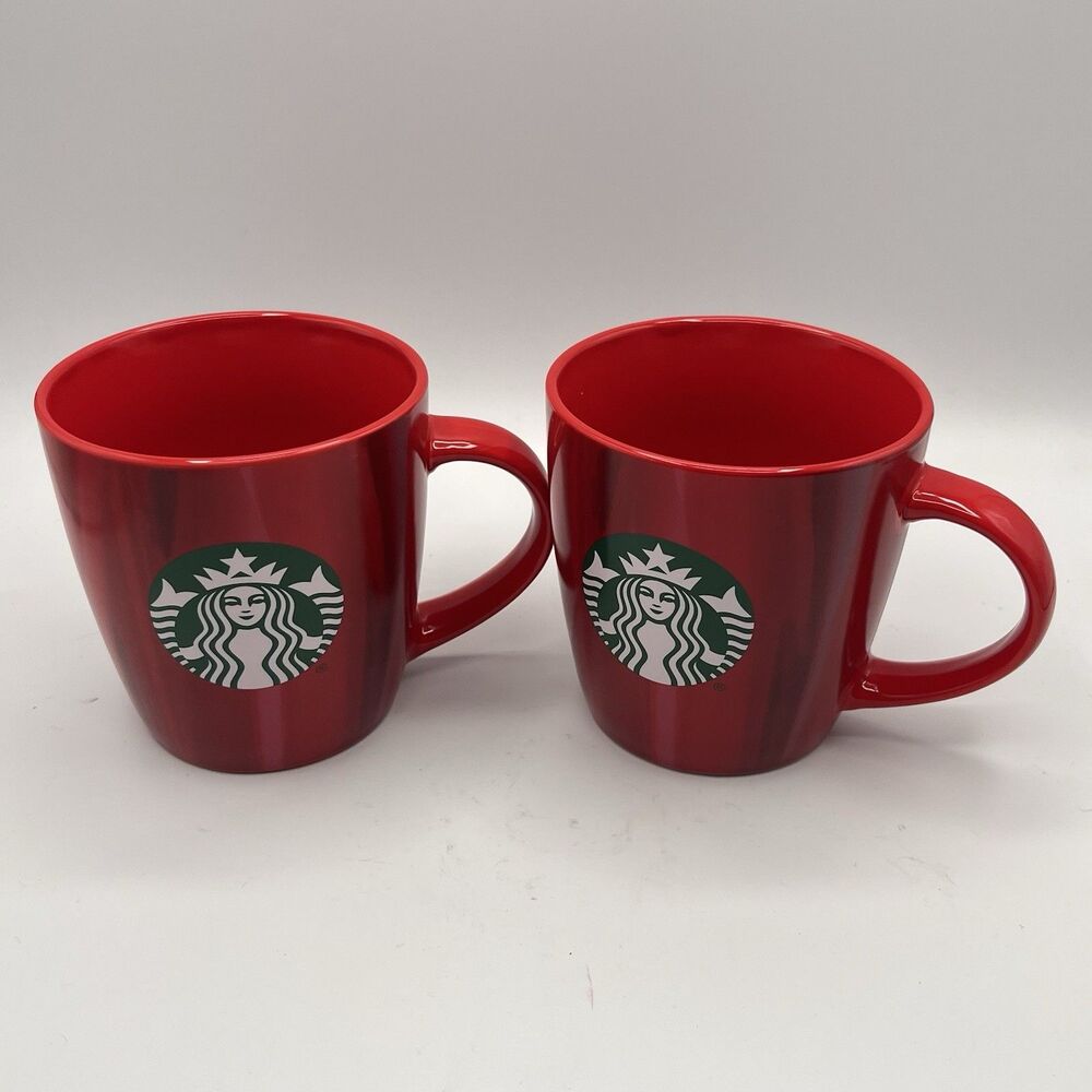 PAIR Starbucks Coffee Mugs 12oz 2022 Ceramic Red Marble Pattern Siren Logo VGC